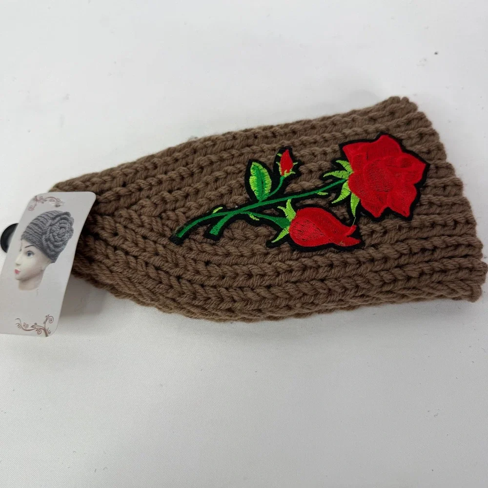 New Rose Embroidered Knit Headband Ear Warmer Brown Floral WT-510R